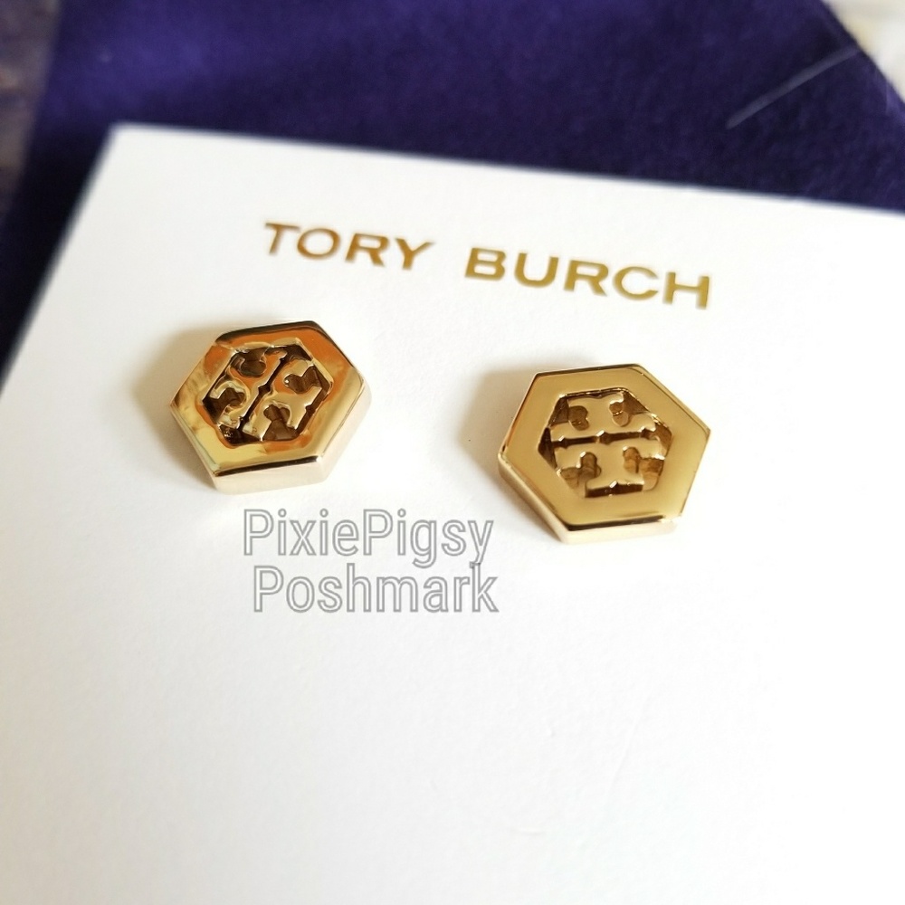 Tory Burch Hex Logo Gold Stud Earrings +Dust Bag - Picture 5 of 6